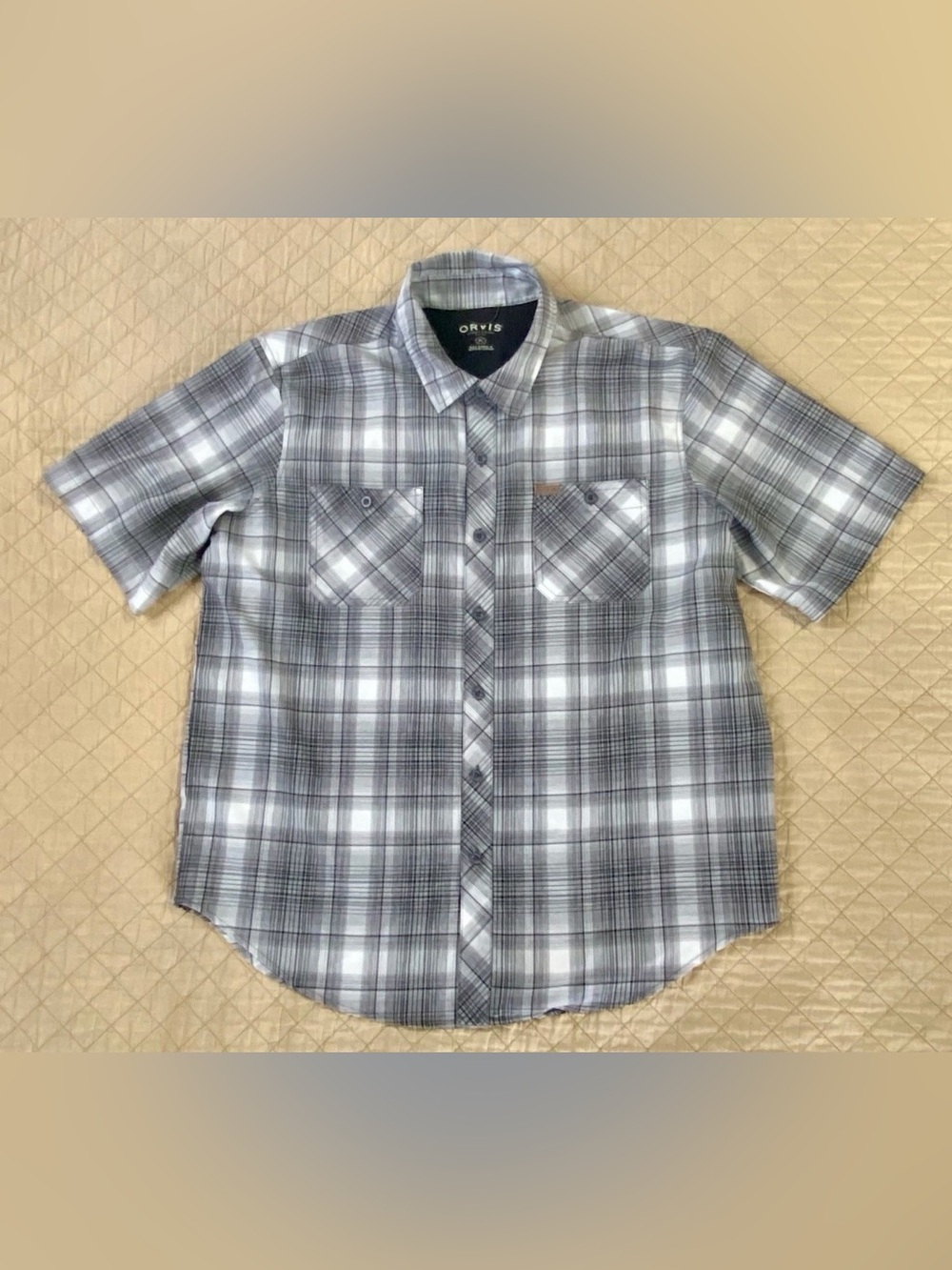 Orvis Mens XL Plaid Short Sleeve Button Up Shirt Gray Outdoor Fishing Hiking